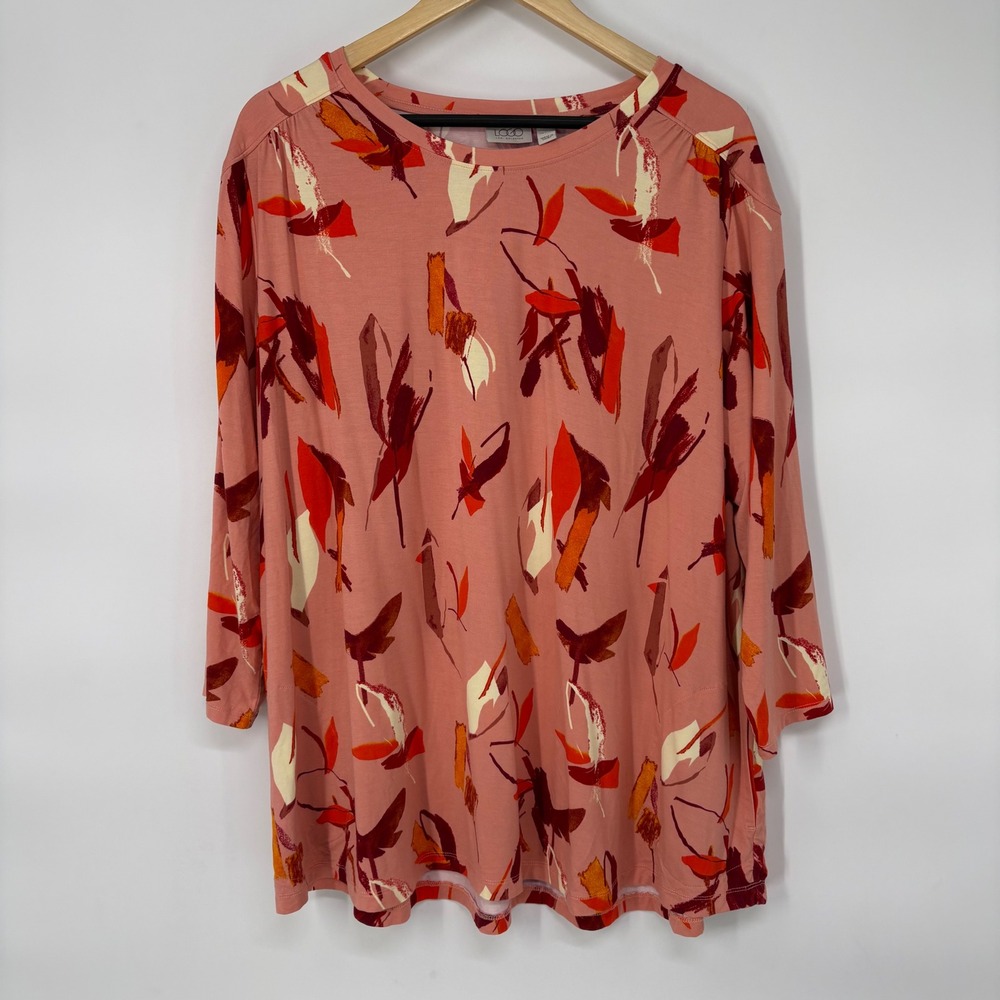 LOGO Lori Goldstein Women XL Coral Abstract Brushstroke 3/4 Sleeve Pocket Tunic